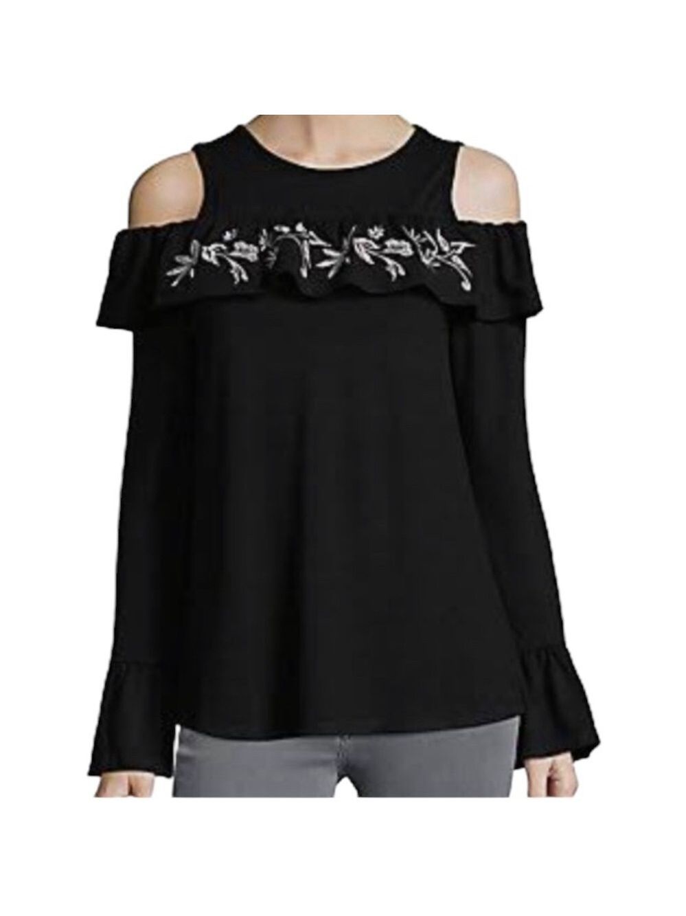 August Silk L Black Cream Floral Embroidered Cold Shoulder Top bell sleeve NEW